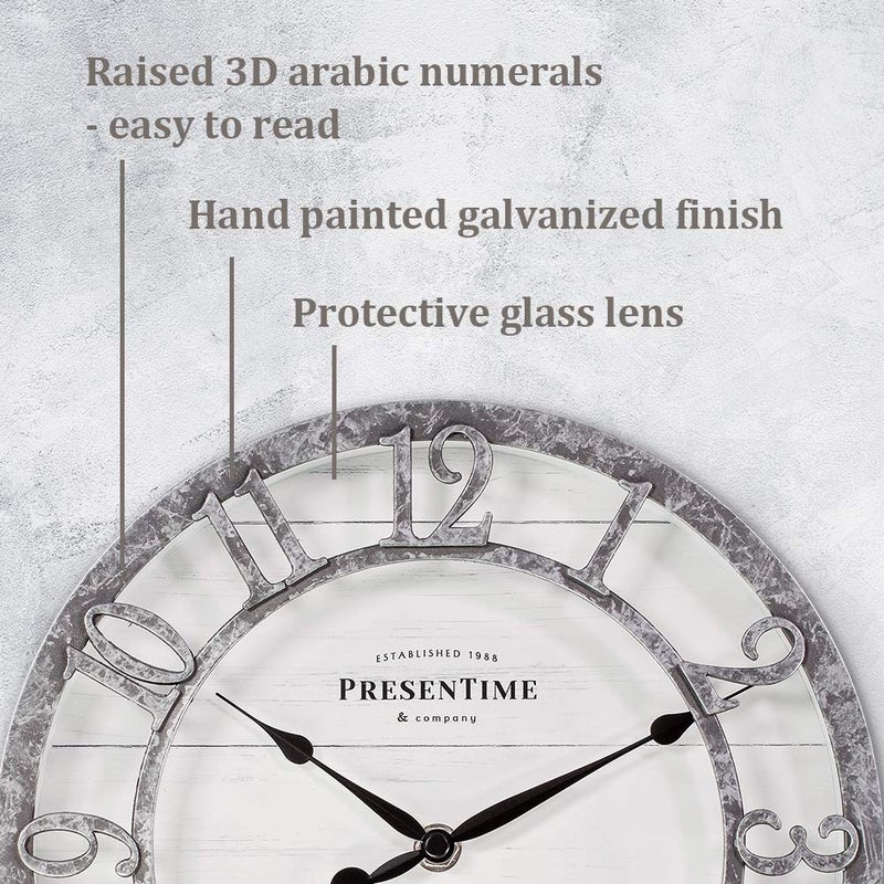 Presentime & Co 10" Farmhouse Series Wall Clock, Quartz Movement, Shiplap Style, Raised 3D Arabic Numeral, Galvanized Finish - Image 3